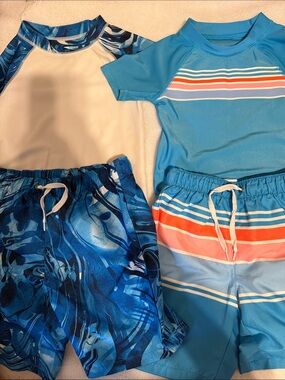 Kids' Blue Rash Guard & Swim Shorts Set - Striped and Marble Designs NWOT